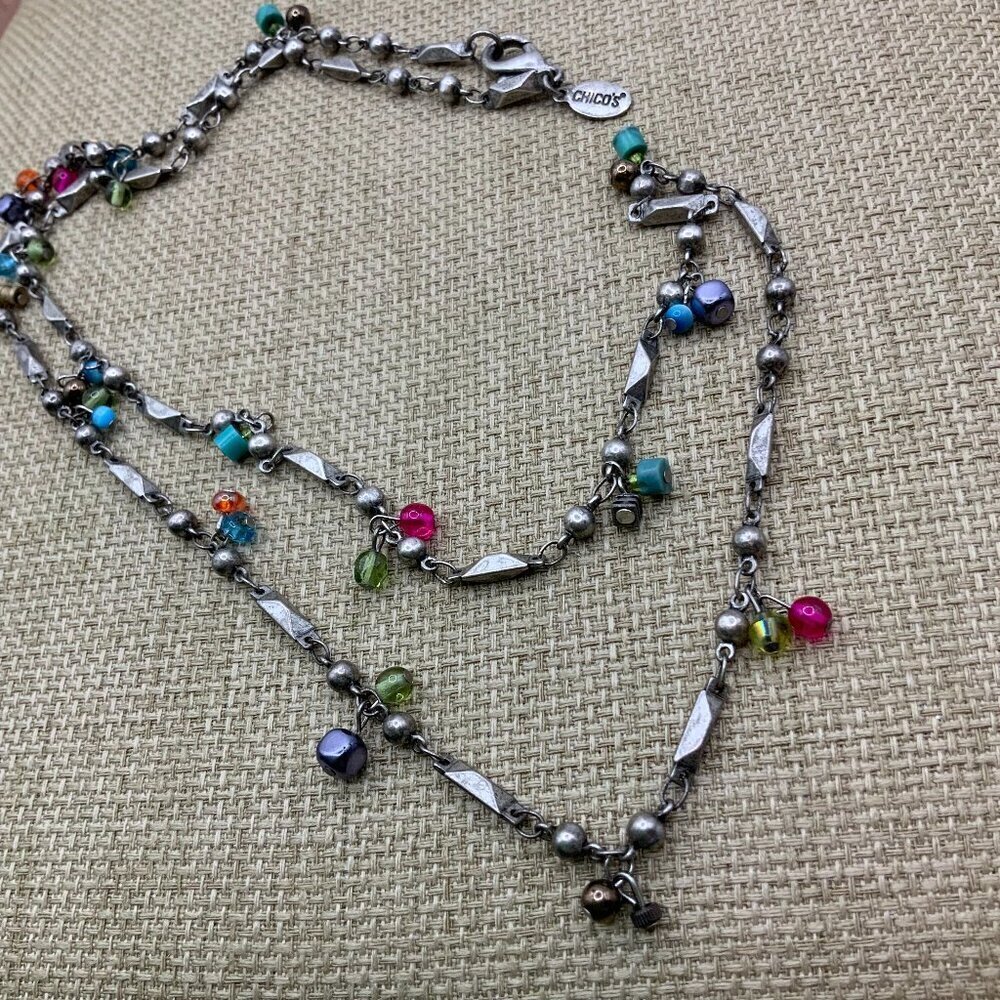 Chico's Silver Tone Multi Colored Beaded Chain Necklace